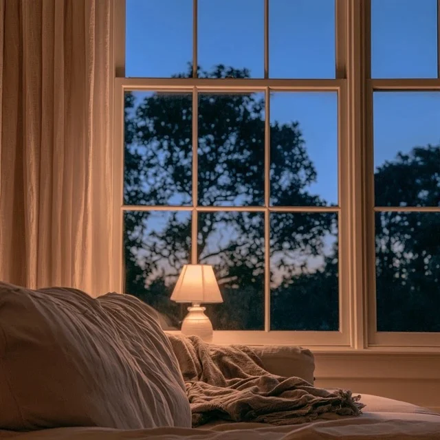 Soft sunset from a peaceful bedroom, with an open window and natural greenery outside.
