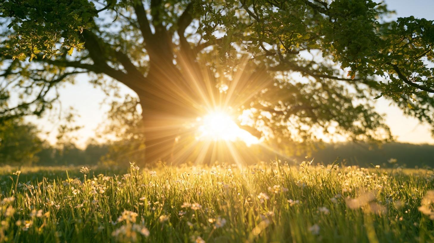 Morning sunlight coming through trees as a person spends time outdoors.