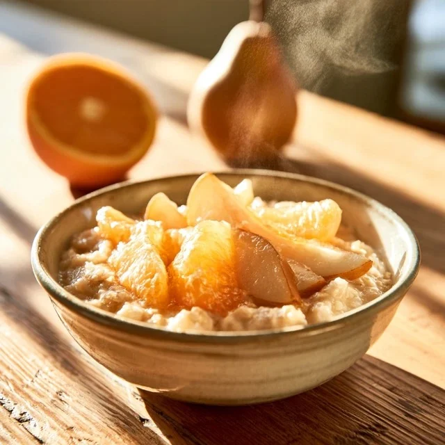 A bowl of warm oatmeal with berries alongside fresh fruit and a glass of water.